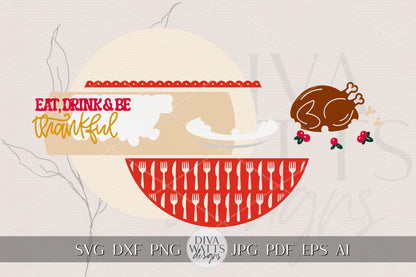 Eat Drink Be Thankful Door Hanger SVG | Thanksgiving Turkey Round Sign Laser Cut File | Fall Porch Sign Glowforge xTool Digital Download