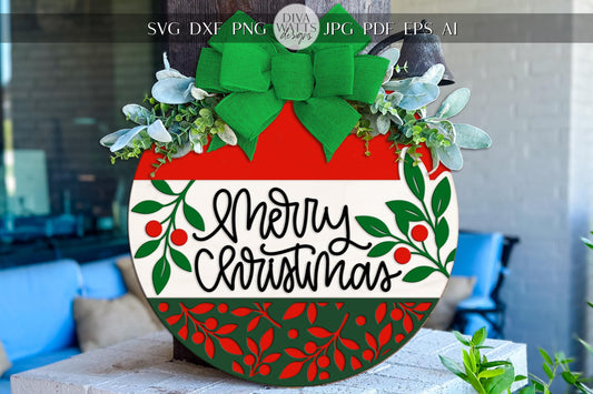 Merry Christmas Round Door Hanger SVG | Layered Laser Cut File for Glowforge xTool | Holiday Porch Sign Digital Download
