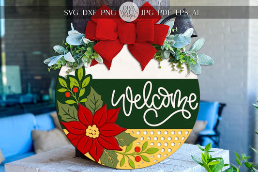 Christmas Welcome Round Door Hanger SVG with Poinsettia and Bow | Laser Cut File for Glowforge xTool OMTech | Holiday Porch Sign