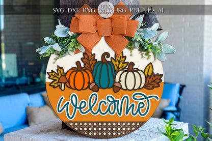 Welcome Fall Pumpkin Round Door Hanger SVG, Layered Autumn Welcome Sign Laser Cut File for Glowforge, xTool, OMTech