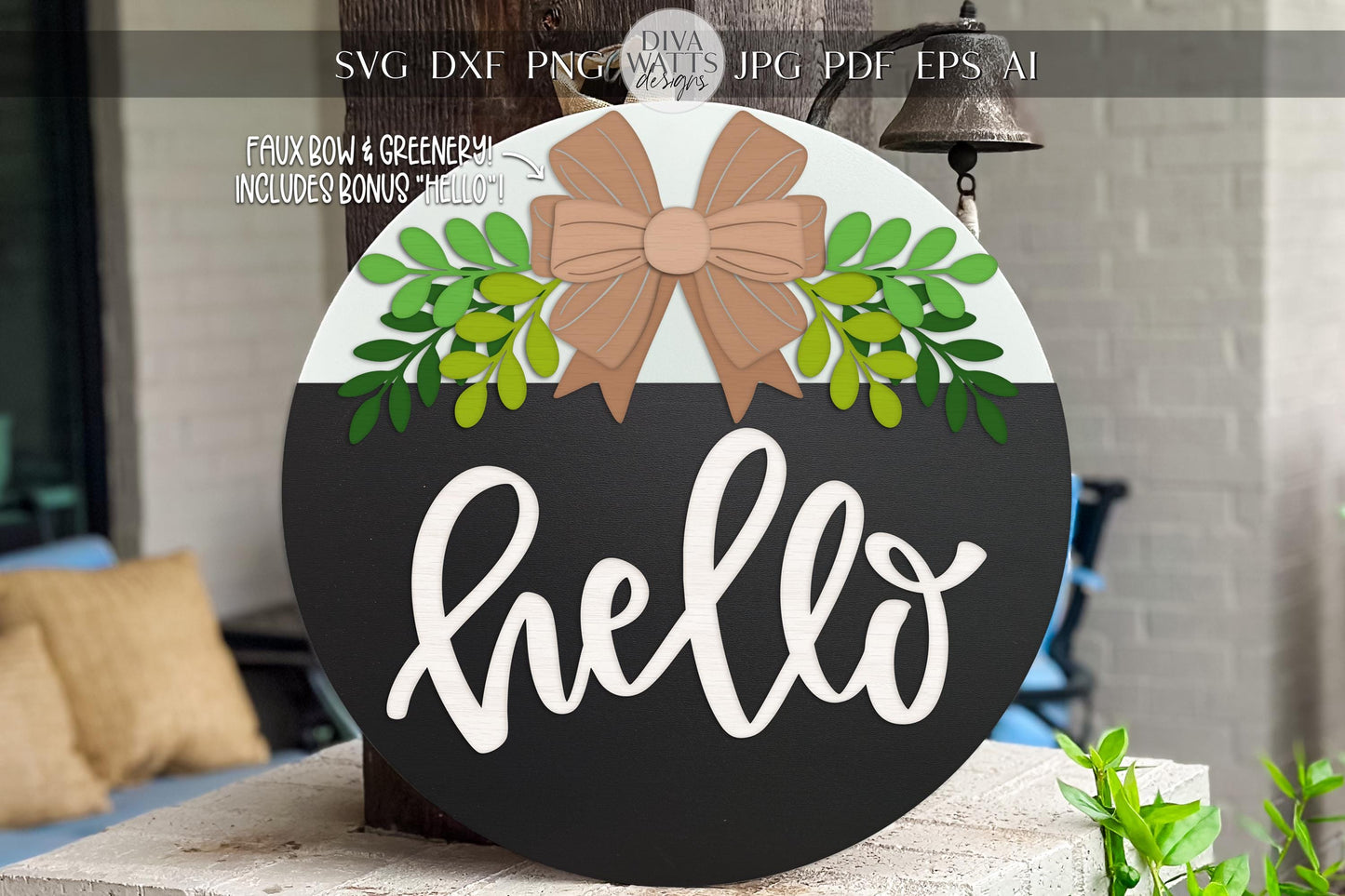 Faux Bow & Greenery Round Door Hanger SVG | Laser Cut File with Layered Leaves and Bonus Hello Sign | DIY Front Porch Door Decor | Wood Bow