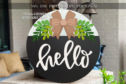 Faux Bow & Greenery Round Door Hanger SVG | Laser Cut File with Layered Leaves and Bonus Hello Sign | DIY Front Porch Door Decor | Wood Bow