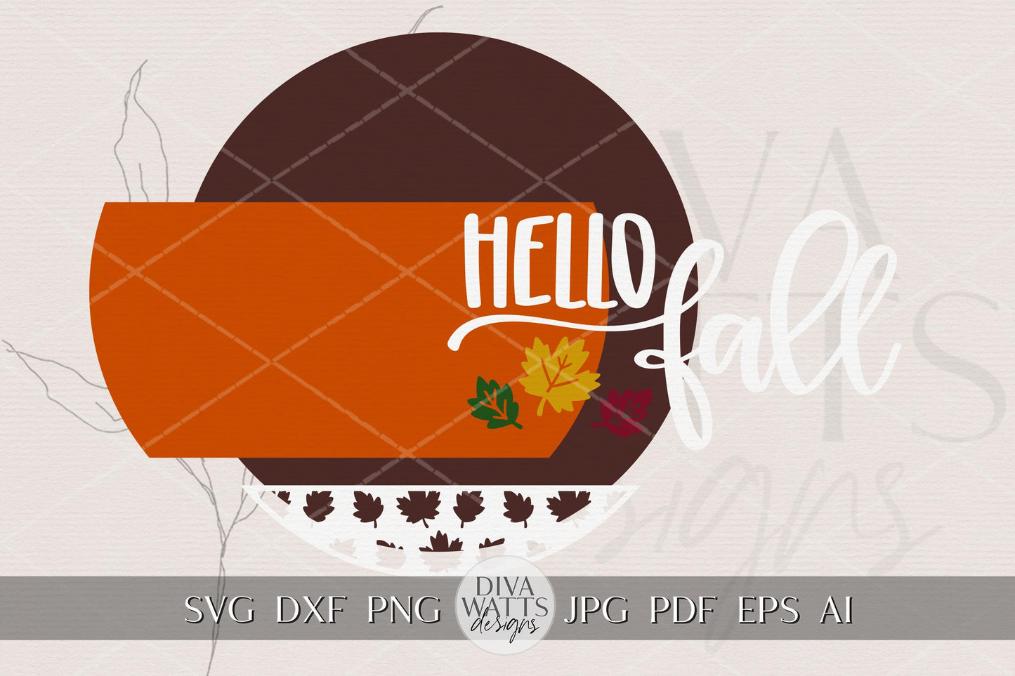 Hello Fall Round Door Hanger SVG File | Autumn Porch Sign Laser Cut Design | Layered Pumpkin Leaves Digital Download for Glowforge xTool