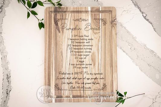 Pumpkin Bread Recipe Cutting Board SVG | Engraved Kitchen Decor | Laser Cut File with Score + Engrave Options for Glowforge & xTool