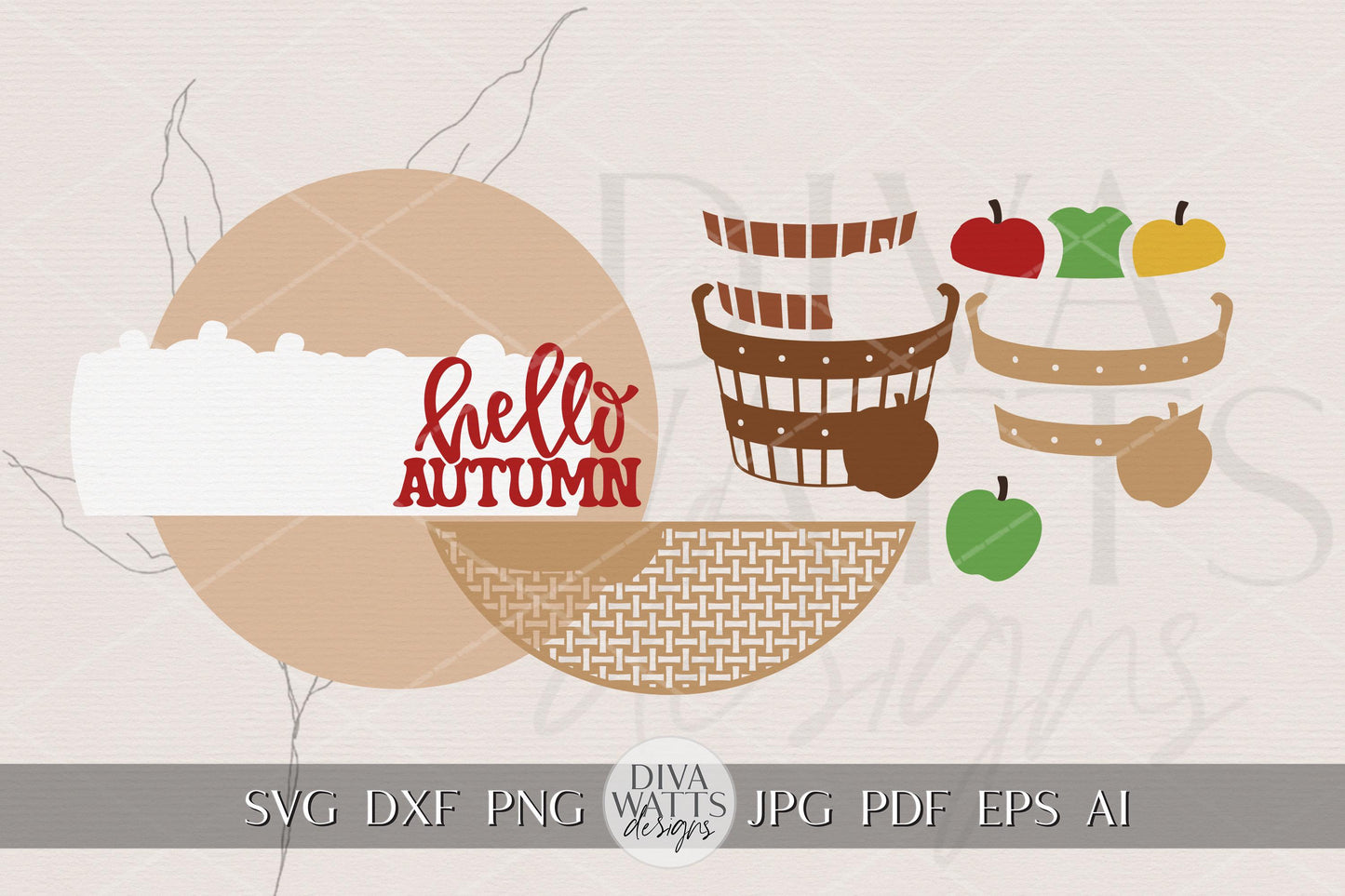 Hello Autumn Apple Basket Round Door Hanger SVG | Fall Porch Sign Laser Cut File for Glowforge xTool OMTech | DIY Layered Wood Sign