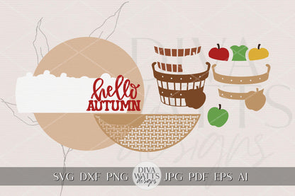 Hello Autumn Apple Basket Round Door Hanger SVG | Fall Porch Sign Laser Cut File for Glowforge xTool OMTech | DIY Layered Wood Sign