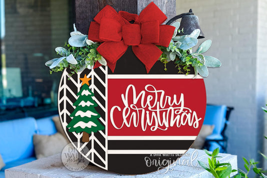Merry Christmas Round Door Hanger SVG Striped Tree Laser Cut File for Glowforge xTool OMTech Holiday Porch Sign DIY Decor