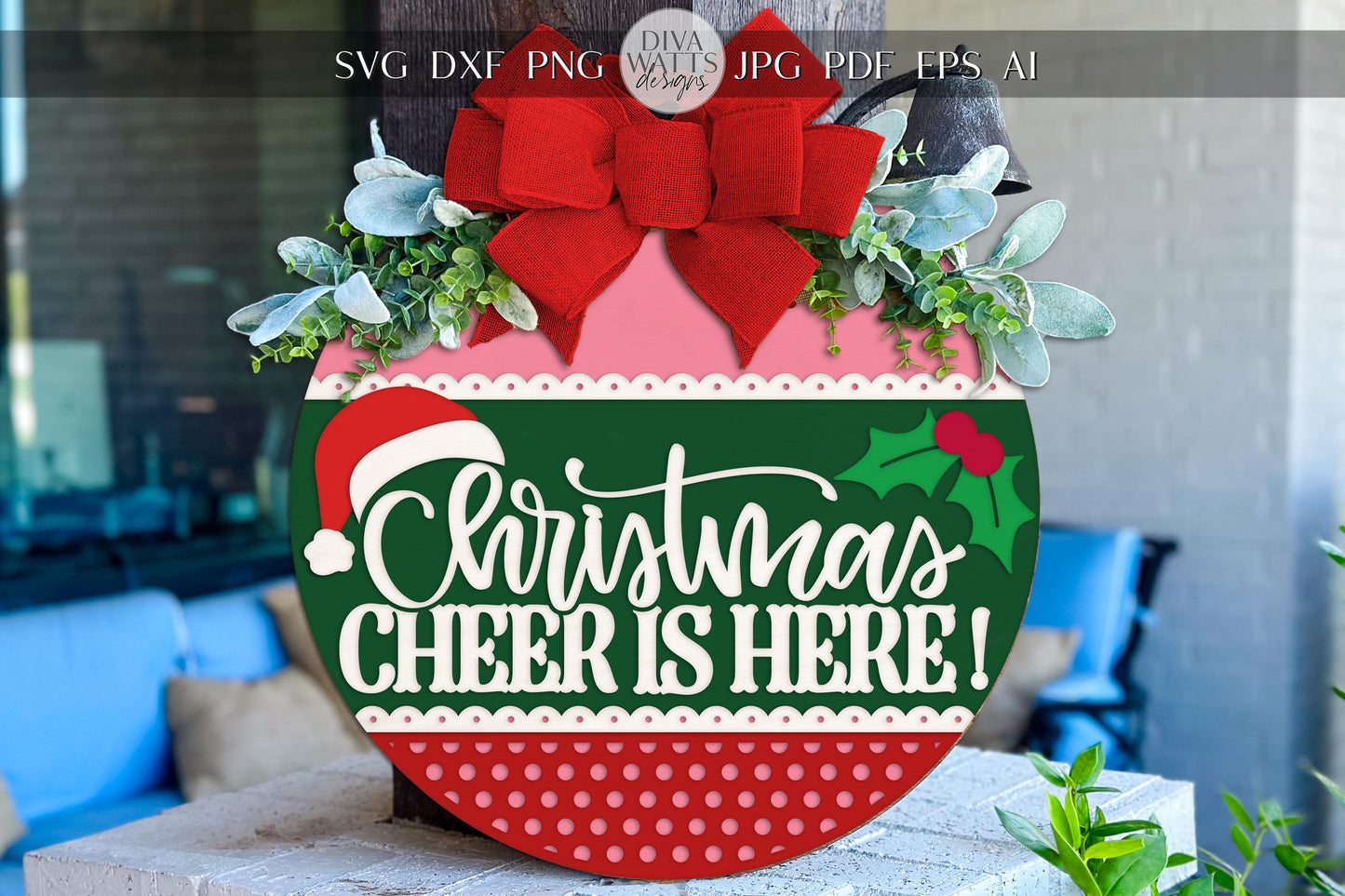 Digital SVG file for laser cutting a Christmas Cheer Is Here round door hanger sign. Instant download includes SVG, DXF, PNG, EPS, JPG, PDF, and AI formats for Glowforge, xTool, OMTech, and more. Use your own wood, paint, and materials to cut and assemble a layered round sign, perfect for holiday porch décor, seasonal displays, or craft fair resale. Digital file only—no physical product shipped. DIY-friendly and customizable.