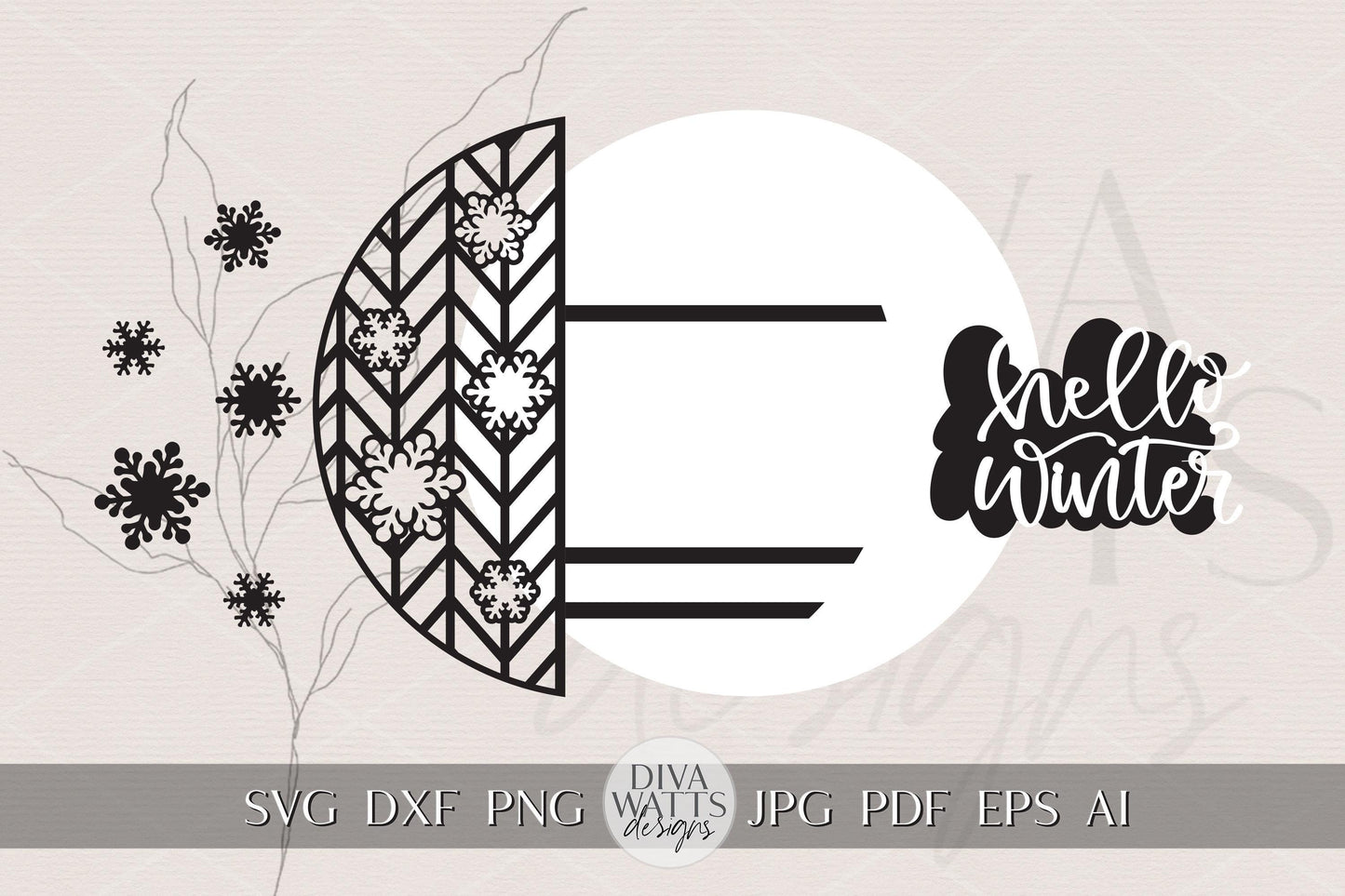 Hello Winter Round Door Hanger SVG | Laser Cut Snowflake Sign File | Winter Porch Decor SVG for Glowforge, xTool, OMTech & Cricut