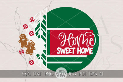 Home Sweet Home Gingerbread SVG Round Door Hanger | Christmas Laser Cut File for Glowforge xTool OMTech | Holiday Porch Sign