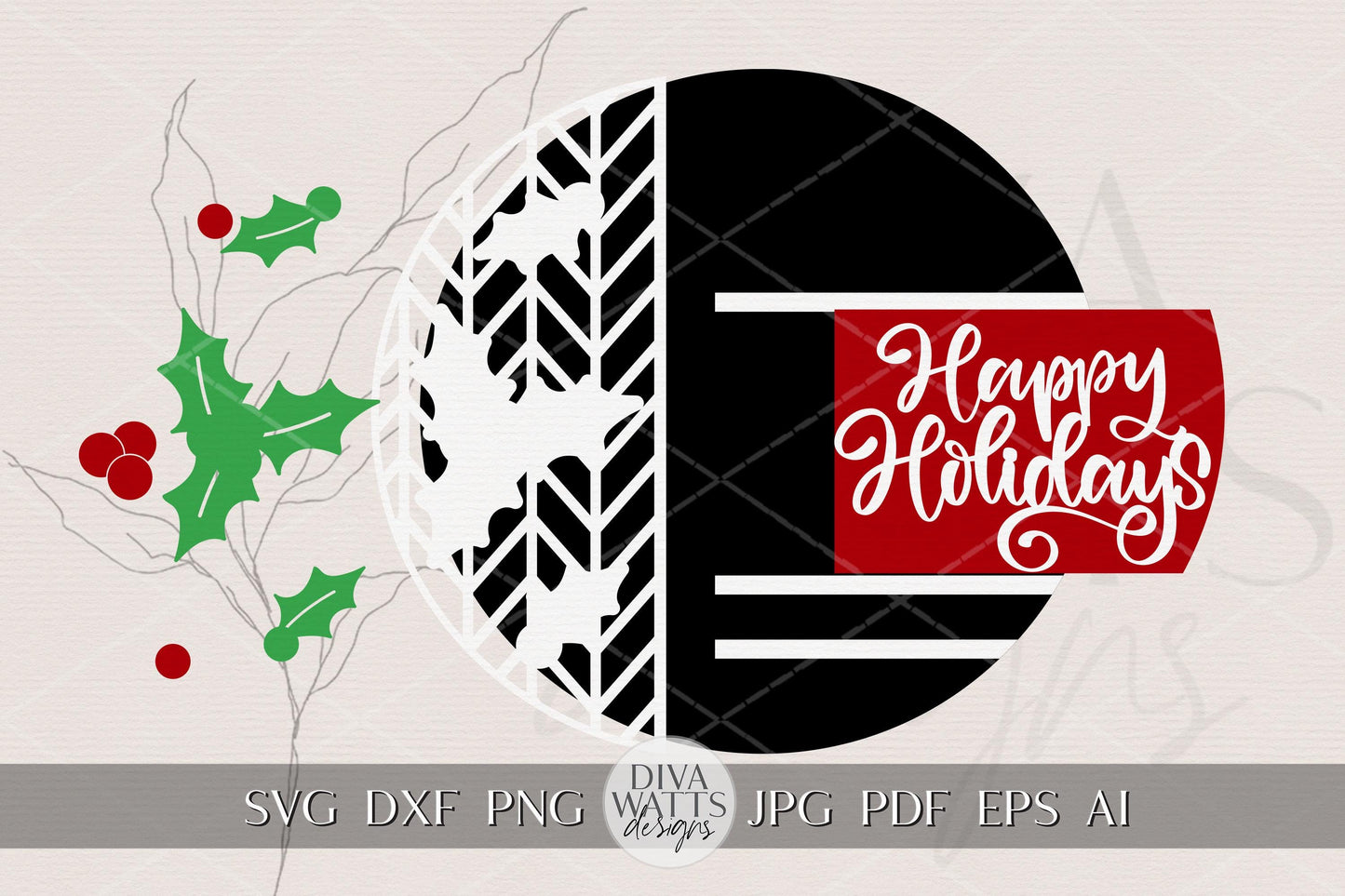 Happy Holidays SVG Round Door Hanger | Christmas Laser Cut File for Glowforge xTool OMTech | Festive Porch Sign Decoration