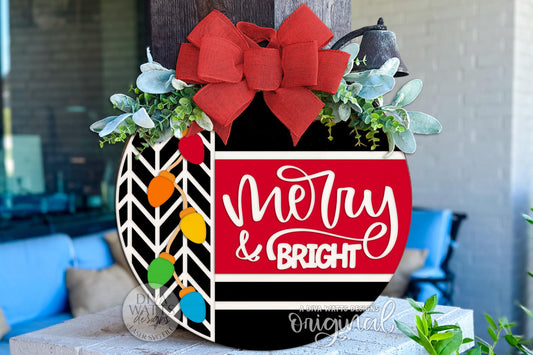 Merry & Bright SVG Round Door Hanger | Christmas Lights Laser Cut File for Glowforge xTool OMTech | Holiday Porch Sign