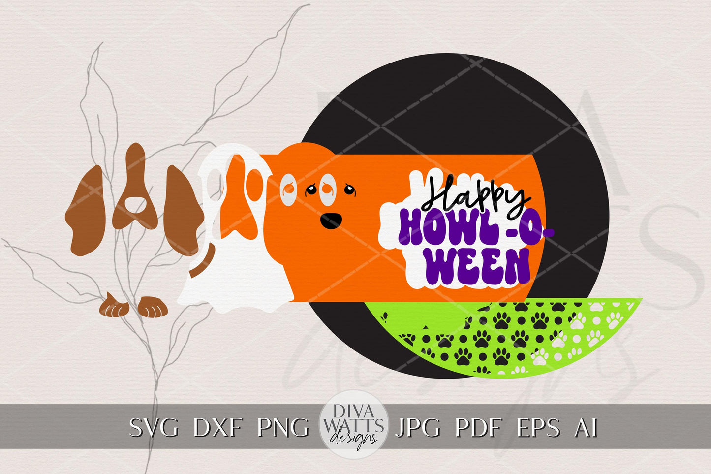 Happy Howl-O-Ween SVG Round Door Hanger | Dog Halloween Laser Cut File for Glowforge xTool OMTech | Pet Porch Sign