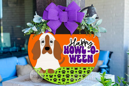 Happy Howl-O-Ween SVG Round Door Hanger | Dog Halloween Laser Cut File for Glowforge xTool OMTech | Pet Porch Sign