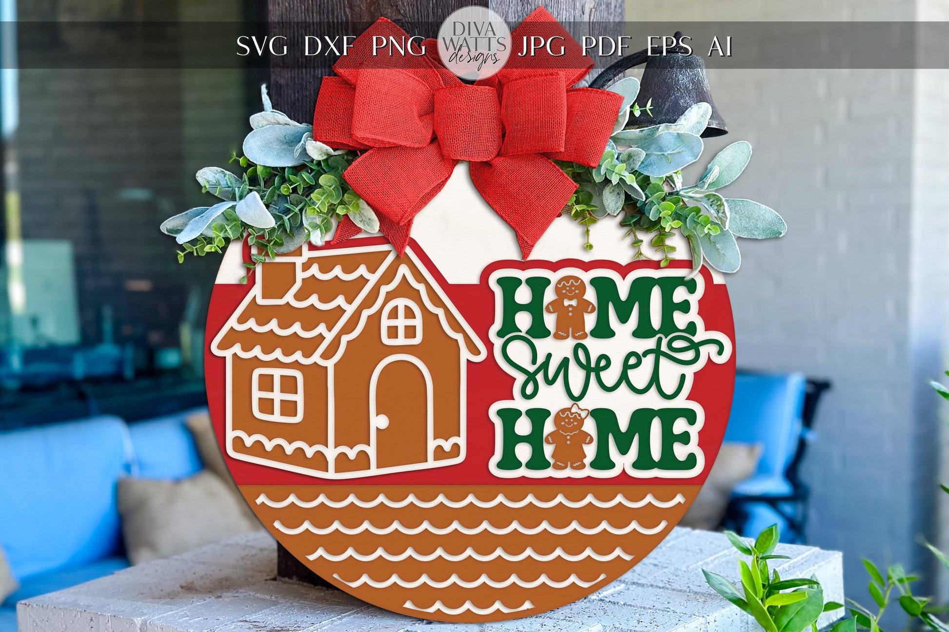 Digital SVG file for laser cutting a Christmas round door hanger featuring a gingerbread house and “Home Sweet Home” lettering. Instant download includes multiple formats for Glowforge, xTool, OMTech, and more. Cut and assemble your own festive round sign using wood, paint, and craft materials. Perfect for DIY porch décor, craft fairs, or holiday gifts. Digital file only—no physical product shipped.