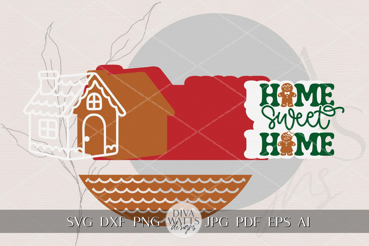 Gingerbread House Home Sweet Home Round Door Hanger SVG Christmas Laser Cut File, Holiday Porch Sign Digital Download for Glowforge xTool