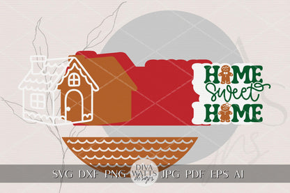 Gingerbread House Home Sweet Home Round Door Hanger SVG Christmas Laser Cut File, Holiday Porch Sign Digital Download for Glowforge xTool