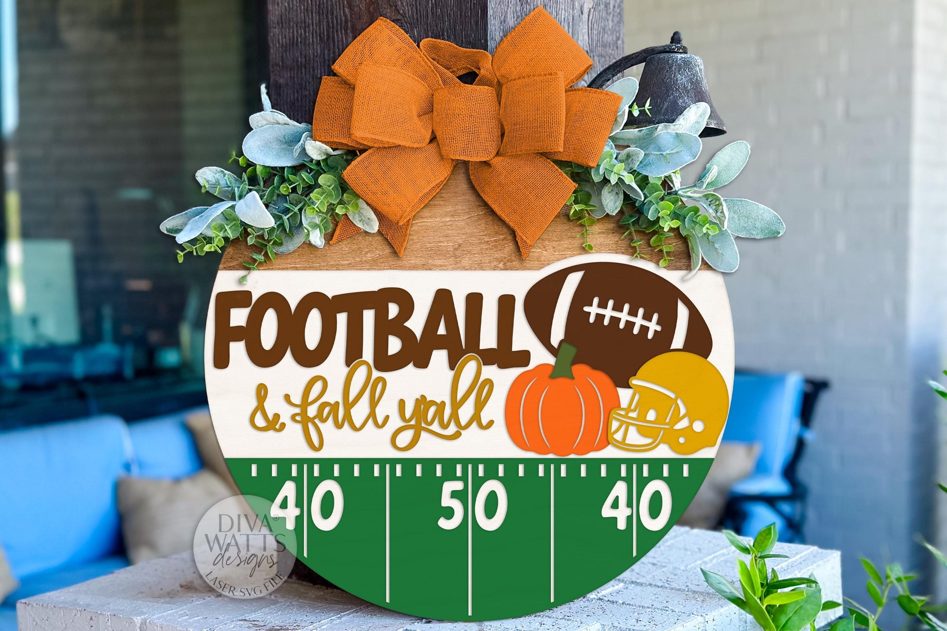 Football and Fall Y’all Round Door Hanger SVG | Pumpkin Helmet Football Field Laser Cut File | DIY Porch Decor Sign for Glowforge xTool