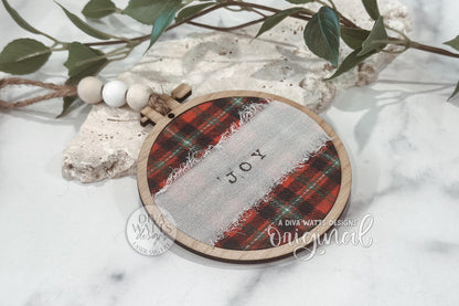 Digital SVG file for laser cutting a Christmas embroidery hoop ornament. Instant download includes a hoop cut file only, ready to use with Glowforge, xTool, OMTech, and more. Layer fabric, ribbon, or paper between the hoop pieces to create endless custom designs. Add beads and jute for a rustic finish. Digital file only—no physical product shipped. Perfect for DIY Christmas décor, tree ornaments, or craft fair resale.