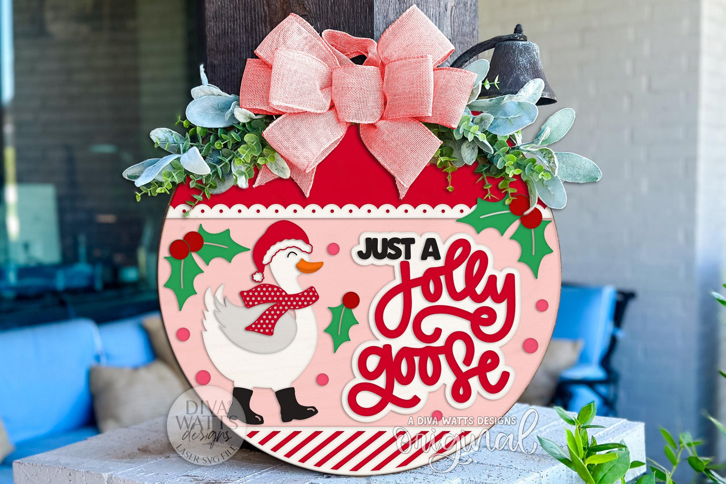 Just a Jolly Goose Christmas Round Door Hanger SVG, Funny Holiday Porch Sign Laser Cut File for Glowforge xTool OMTech