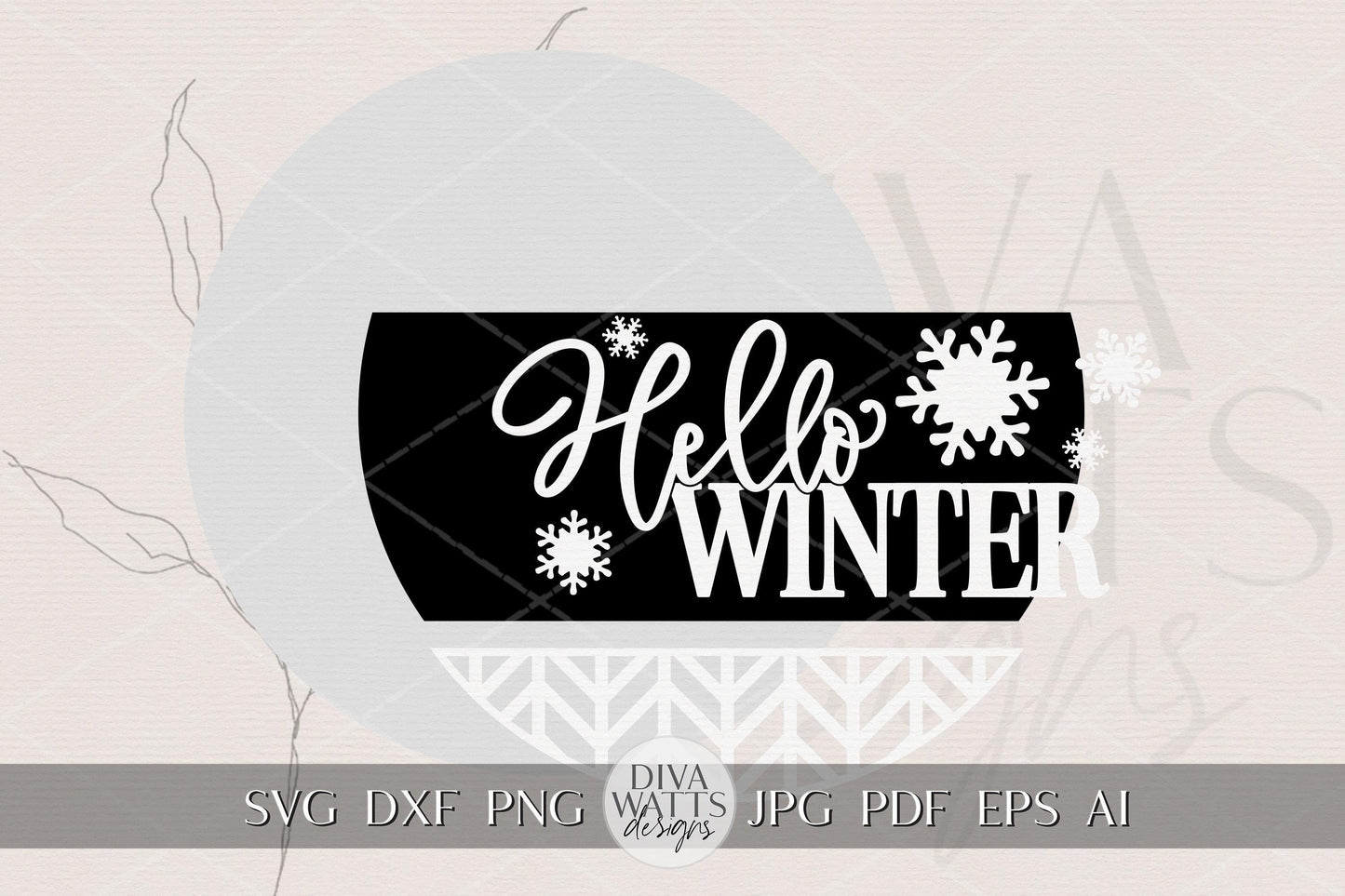 Hello Winter Round Door Hanger SVG Laser Cut File with Snowflakes, Winter Porch Sign Digital Design for Glowforge xTool OMTech Cricut