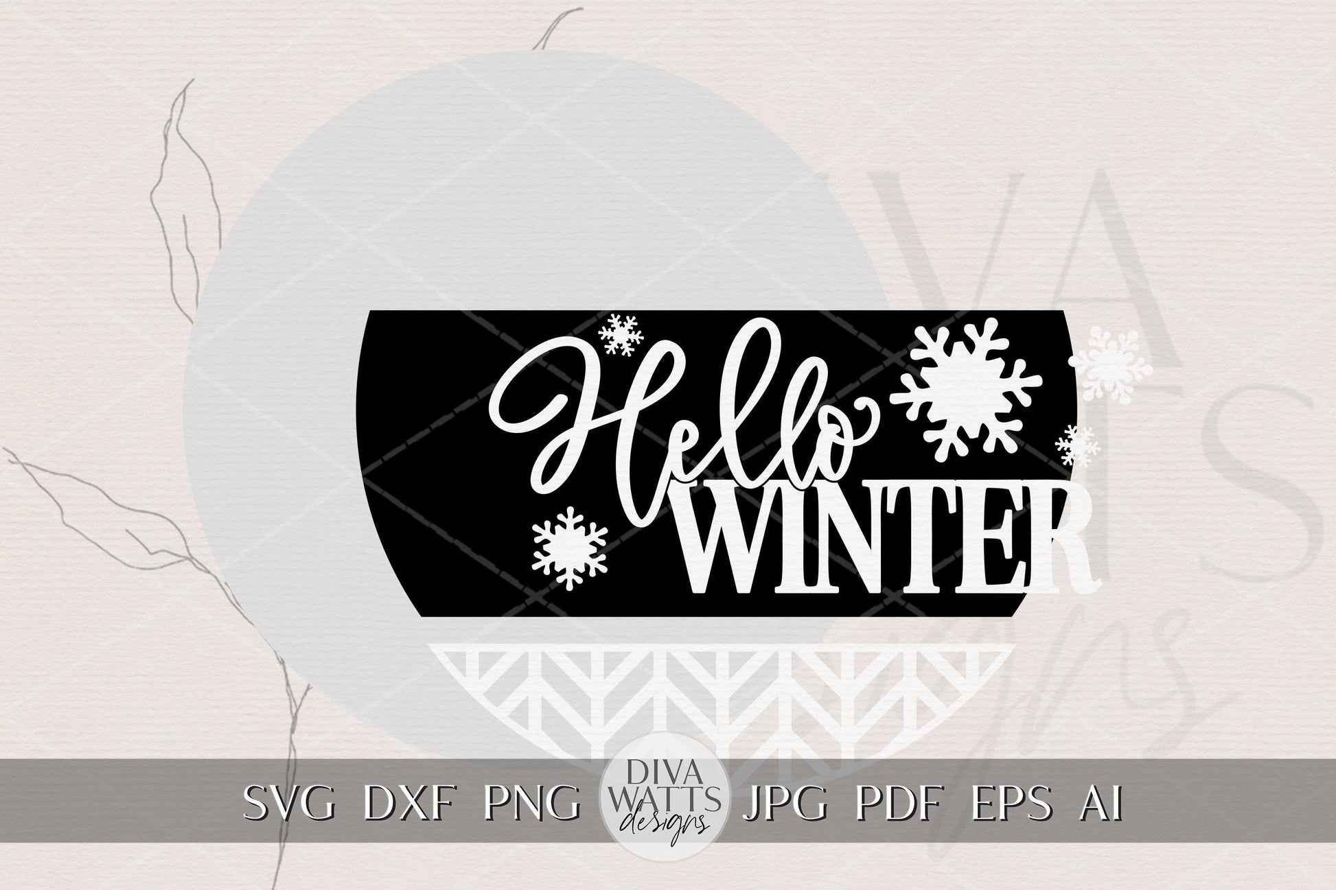 Hello Winter Round Door Hanger SVG Laser Cut File with Snowflakes, Winter Porch Sign Digital Design for Glowforge xTool OMTech Cricut