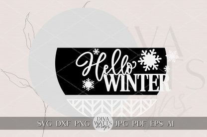 Hello Winter Round Door Hanger SVG Laser Cut File with Snowflakes, Winter Porch Sign Digital Design for Glowforge xTool OMTech Cricut
