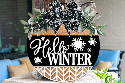 Hello Winter Round Door Hanger SVG Laser Cut File with Snowflakes, Winter Porch Sign Digital Design for Glowforge xTool OMTech Cricut