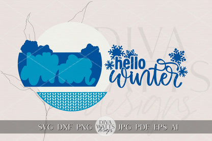 Hello Winter Round Door Hanger SVG Laser Cut File with Snowflakes, Layered Winter Sign Design for Glowforge, xTool, Cricut, DIY Porch Décor