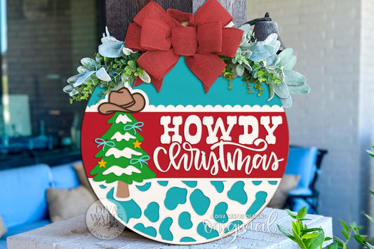 Howdy Christmas Round Door Hanger SVG, Western Cowboy Hat Tree Farm Sign, Rustic Country Holiday Porch Decor, Digital Laser Cut File