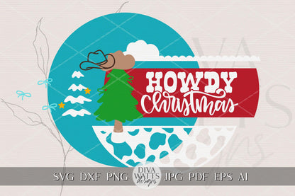 Howdy Christmas Round Door Hanger SVG, Western Cowboy Hat Tree Farm Sign, Rustic Country Holiday Porch Decor, Digital Laser Cut File
