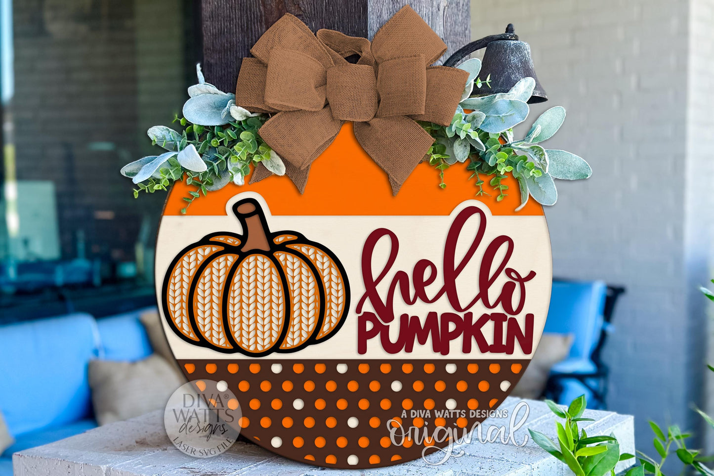 Hello Pumpkin Knit Pumpkin Round Door Hanger SVG, Fall Porch Sign Digital File, Layered Laser Cut Autumn SVG for Glowforge, xTool
