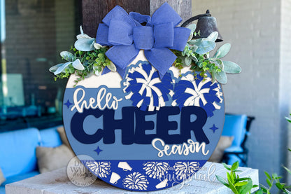 Hello Cheer Season Round Door Hanger SVG Laser Cut File, Pom Pom Sports Team Spirit Sign, DIY Digital Cheerleading Decor