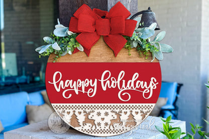 Happy Holidays Round Door Hanger SVG, Layered Christmas Laser Cut File, Festive Porch Sign Digital Design for Glowforge & xTool