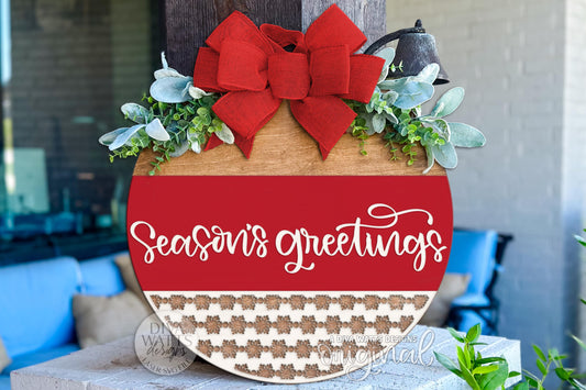 Season’s Greetings Round Door Hanger SVG Laser Cut File | Christmas Porch Sign Digital Download for Glowforge xTool OMTech DIY Holiday Décor
