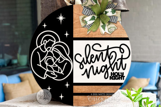 Silent Night Holy Night Nativity SVG | Layered Round Christmas Door Hanger Laser Cut File for Glowforge xTool OMTech