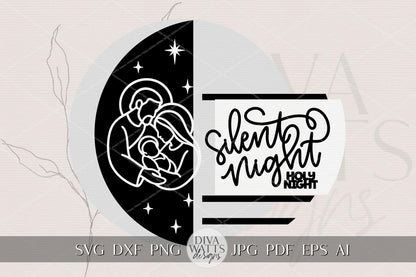 Silent Night Holy Night Nativity SVG | Layered Round Christmas Door Hanger Laser Cut File for Glowforge xTool OMTech