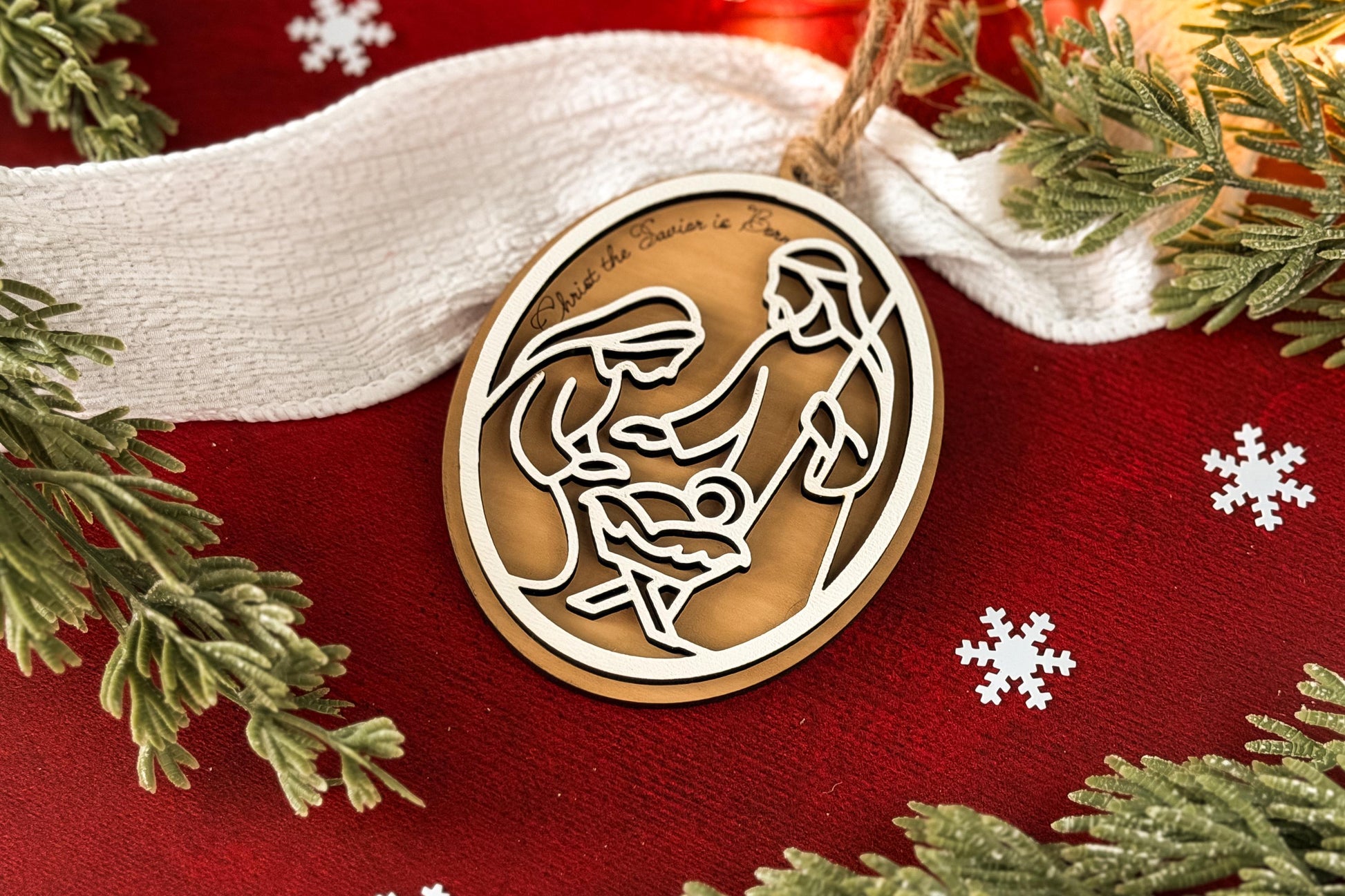 Christ the Savior Is Born Nativity Ornament SVG | Layered Christmas Laser Cut File for Glowforge xTool OMTech | Religious Holiday Décor