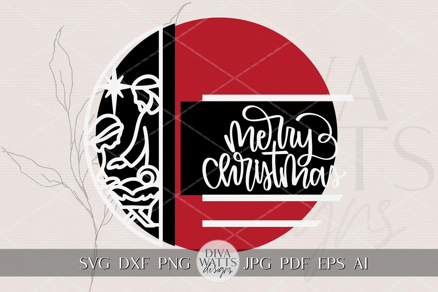 Merry Christmas Nativity SVG | Layered Round Door Hanger Laser Cut File for Glowforge xTool OMTech | Religious Holiday Sign