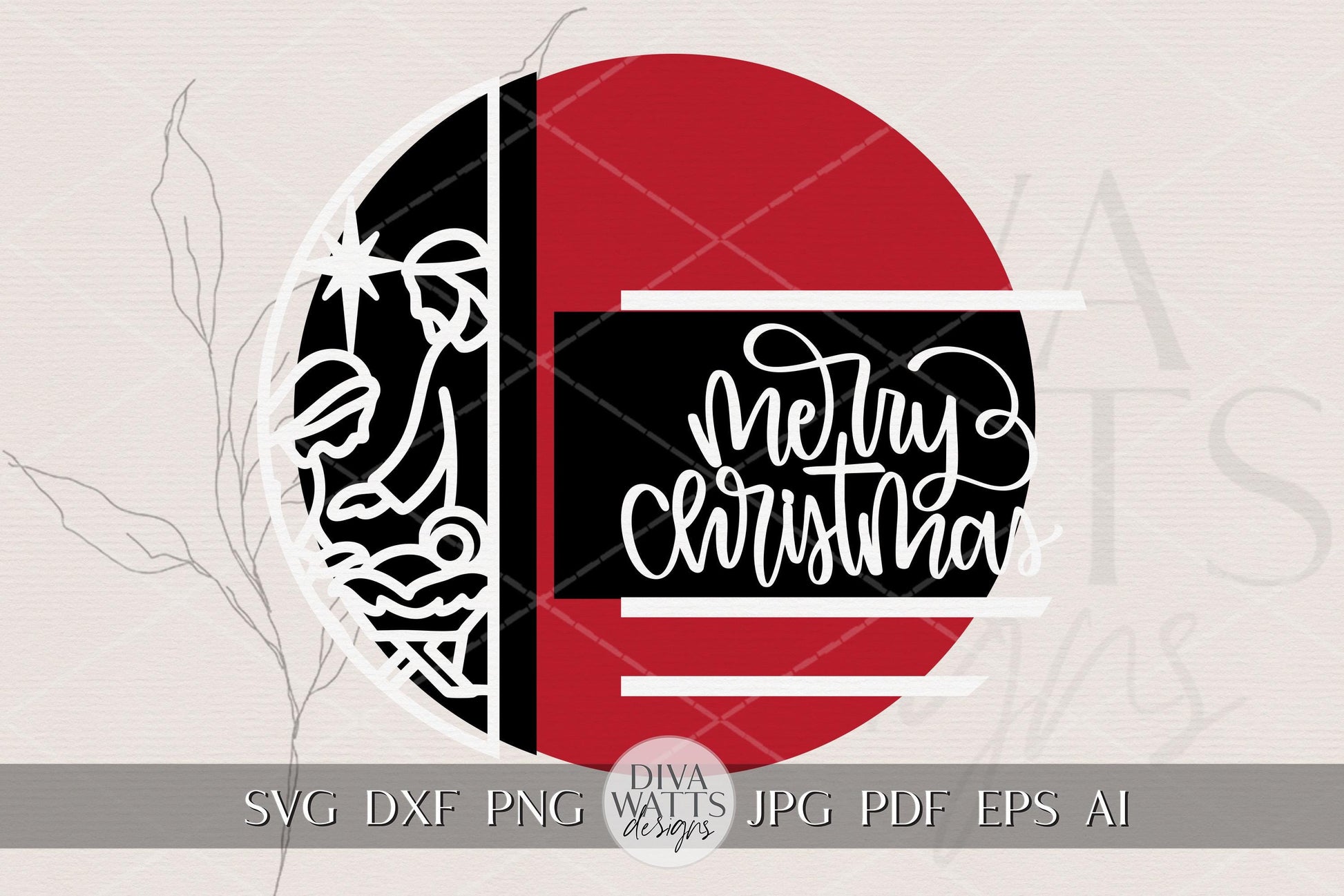 Merry Christmas Nativity SVG | Layered Round Door Hanger Laser Cut File for Glowforge xTool OMTech | Religious Holiday Sign