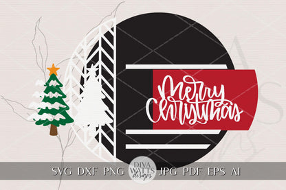 Merry Christmas Round Door Hanger SVG Striped Tree Laser Cut File for Glowforge xTool OMTech Holiday Porch Sign DIY Decor