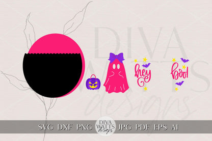 Cute Bow Ghost Hey Boo Halloween Round Door Hanger SVG, Coquette Girl Ghost Trick or Treat Sign Digital Laser Cut File for Porch Decor