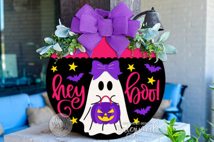 Digital SVG file for laser cutting a Cute Bow Ghost Hey Boo Halloween round door hanger. Instant download includes SVG, DXF, PNG, EPS, JPG, PDF, and AI formats for Glowforge, xTool, OMTech, and more. This layered design features a coquette girl ghost with bow and pumpkin candy bucket, perfect for porch décor, trick-or-treat night, or resale booths. Customize with your own paint and materials. Digital file only—no physical product shipped.