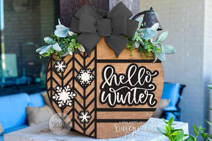Hello Winter Round Door Hanger SVG | Laser Cut Snowflake Sign File | Winter Porch Decor SVG for Glowforge, xTool, OMTech & Cricut