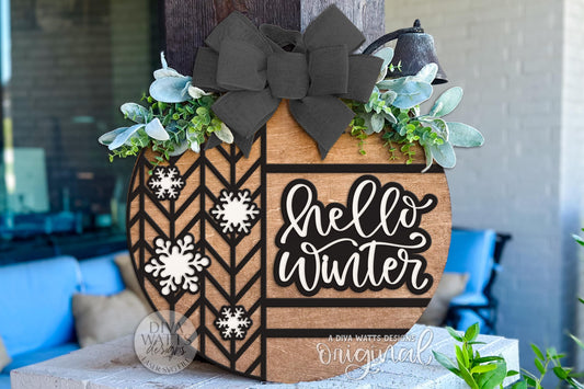 Hello Winter Round Door Hanger SVG | Laser Cut Snowflake Sign File | Winter Porch Decor SVG for Glowforge, xTool, OMTech & Cricut