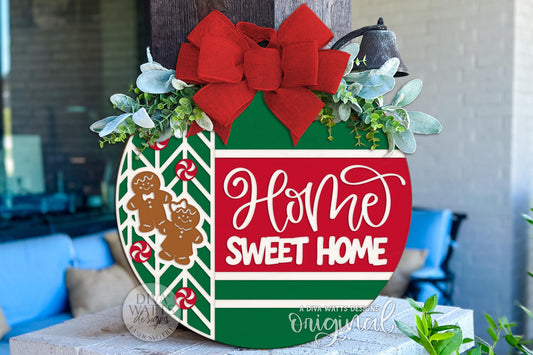 Home Sweet Home Gingerbread SVG Round Door Hanger | Christmas Laser Cut File for Glowforge xTool OMTech | Holiday Porch Sign