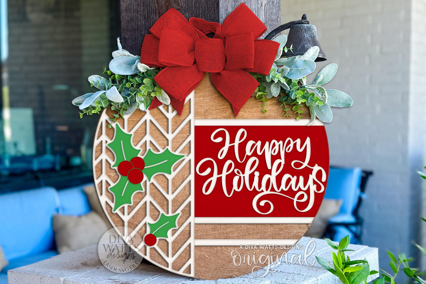 Happy Holidays SVG Round Door Hanger | Christmas Laser Cut File for Glowforge xTool OMTech | Festive Porch Sign Decoration