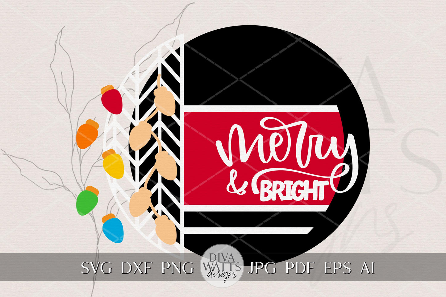Merry & Bright SVG Round Door Hanger | Christmas Lights Laser Cut File for Glowforge xTool OMTech | Holiday Porch Sign