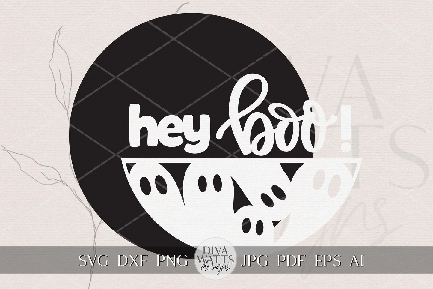 Hey Boo SVG Round Door Hanger | Halloween Ghost Laser Cut File for Glowforge xTool OMTech | Spooky Porch Sign