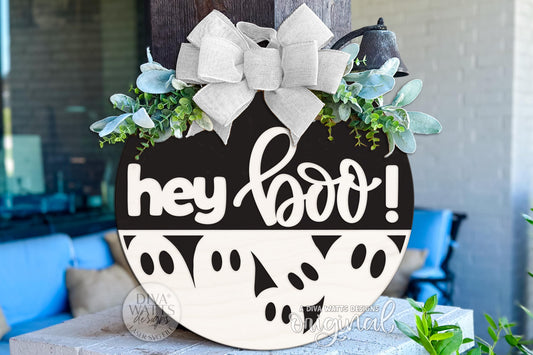 Hey Boo SVG Round Door Hanger | Halloween Ghost Laser Cut File for Glowforge xTool OMTech | Spooky Porch Sign